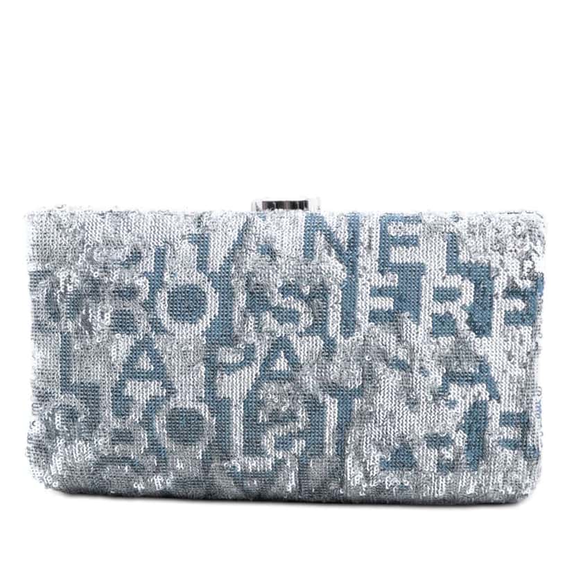 Chanel Satin Sequin Embroidered La Pausa Evening Clutch Silver Satin Very good condition - Front View
