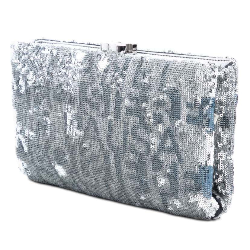 Chanel Satin Sequin Embroidered La Pausa Evening Clutch Silver Satin Very good condition - Back View