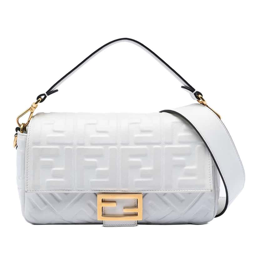Fendi Zucca Embossed Leather Baguette Satchel White Leather Very good condition - Front View