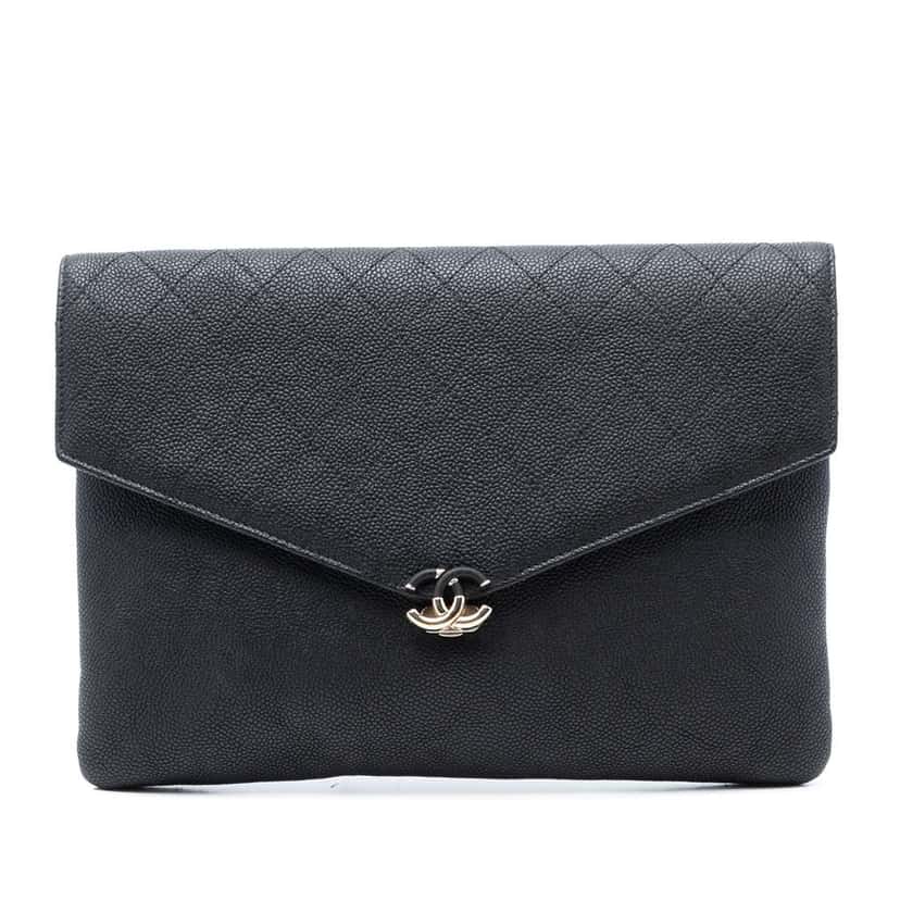 Chanel Paris Cuba Quilted Caviar Thread Around Envelope Clutch Black Leather Very good condition - Front View