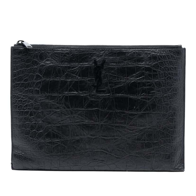 Saint Laurent Croc Embossed Leather Monogram Document Holder Black Leather Very good condition - Front View