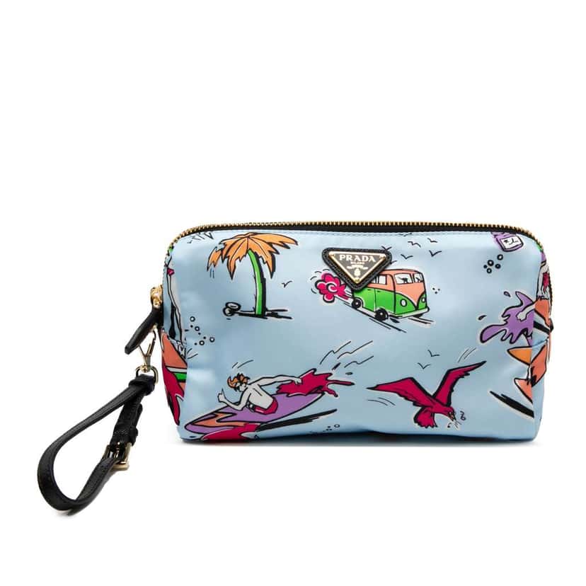 Prada Tessuto Stampato Surf Cosmetic Pouch Blue Very good condition - Front View