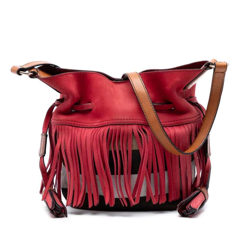 Burberry Small Mega Check Canvas and Suede Fringe Belgrove Bucket Bag Red Leather Very good condition - Front View