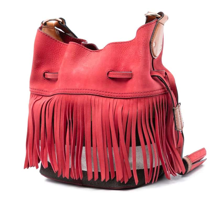 Burberry Small Mega Check Canvas and Suede Fringe Belgrove Bucket Bag Red Leather Very good condition - Back View