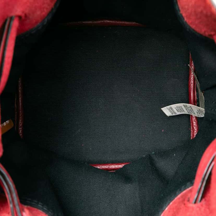 Burberry Small Mega Check Canvas and Suede Fringe Belgrove Bucket Bag Red Leather Very good condition - Model View