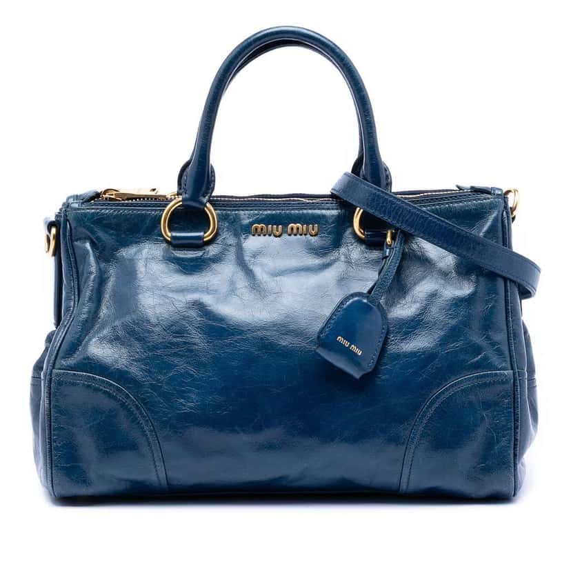 Miu Miu Vitello Shine Double Zip Satchel Blue Leather Good condition - Front View
