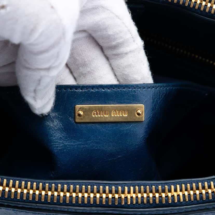 Miu Miu Vitello Shine Double Zip Satchel Blue Leather Good condition - Box View