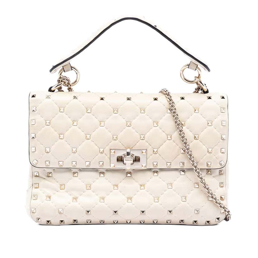Valentino Medium Lambskin Rockstud Spike Satchel White Leather Good condition - Front View