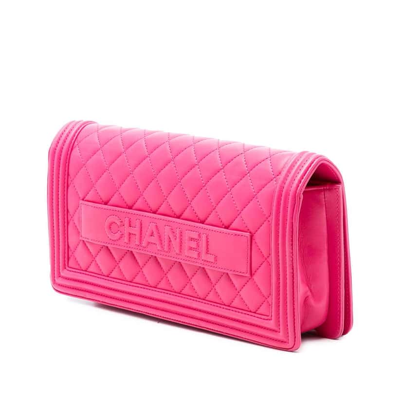 Chanel Quilted Lambskin Boy Flap Clutch Pink Leather Very good condition - Back View