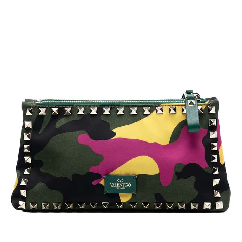 Valentino Nylon Rockstud Camouflage Double Zip Clutch Green Very good condition - Front View