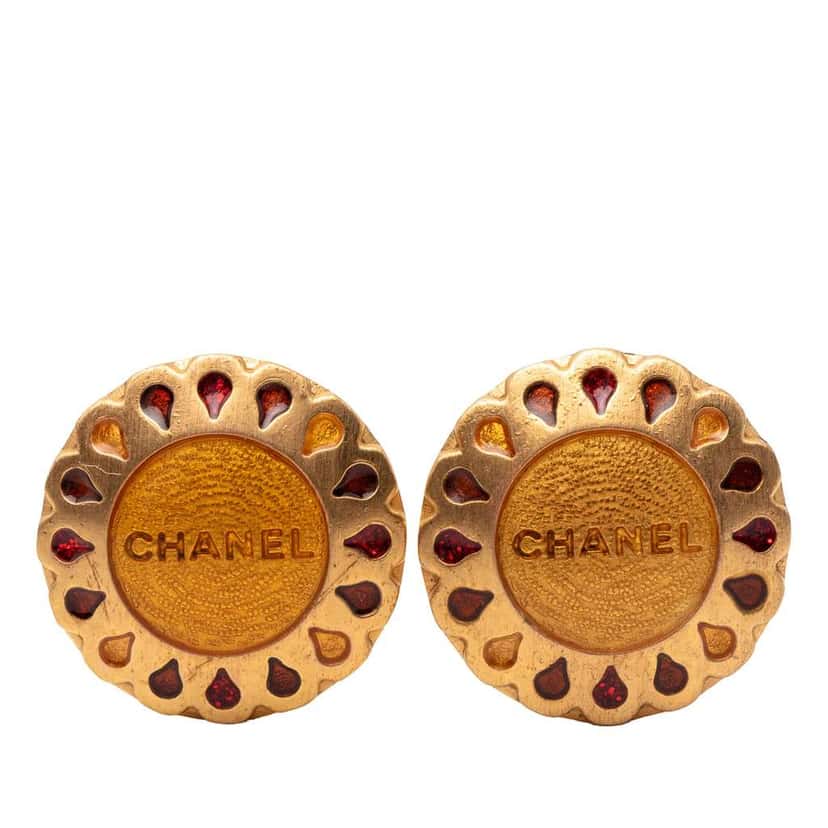 Chanel Gold Plated Logo Flower Clip On Earrings Gold Metal Good condition - Front View