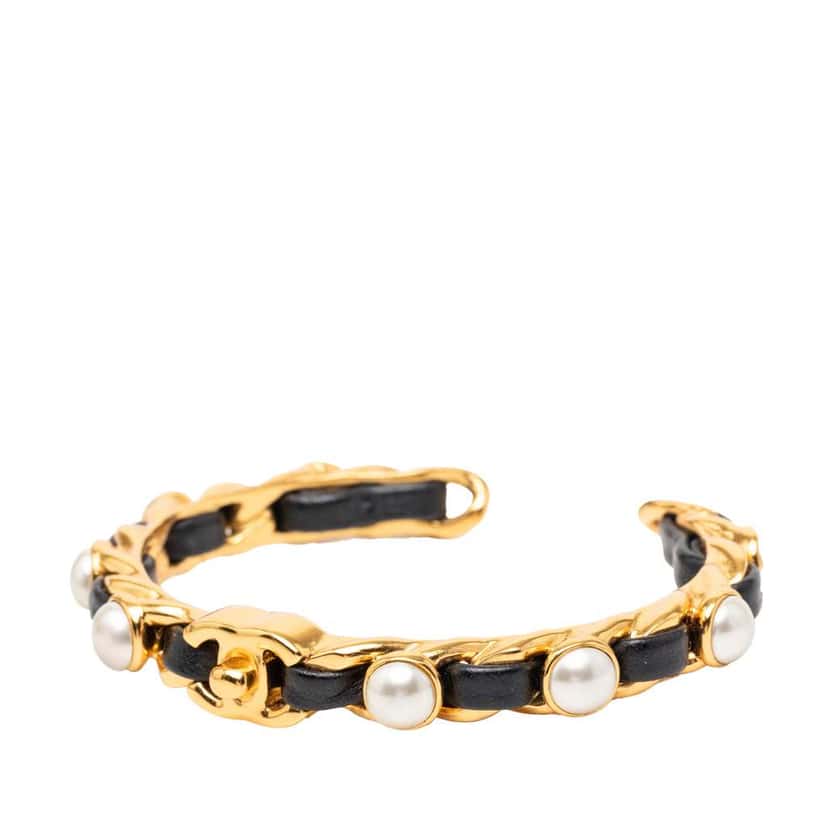 Chanel Gold Plated Leather Woven in Chain Faux Pearl CC Turnlock Cuff Bracelet Gold Metal Very good condition - Back View