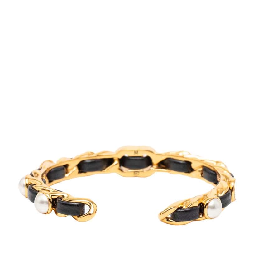 Chanel Gold Plated Leather Woven in Chain Faux Pearl CC Turnlock Cuff Bracelet Gold Metal Very good condition - Inside View
