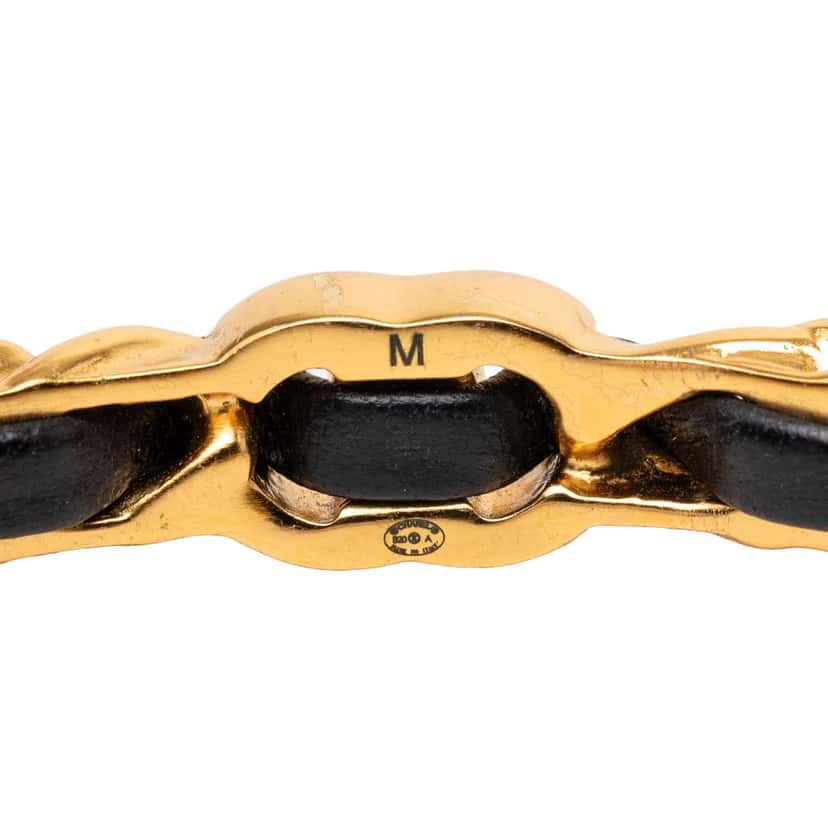 Chanel Gold Plated Leather Woven in Chain Faux Pearl CC Turnlock Cuff Bracelet Gold Metal Very good condition - Model View