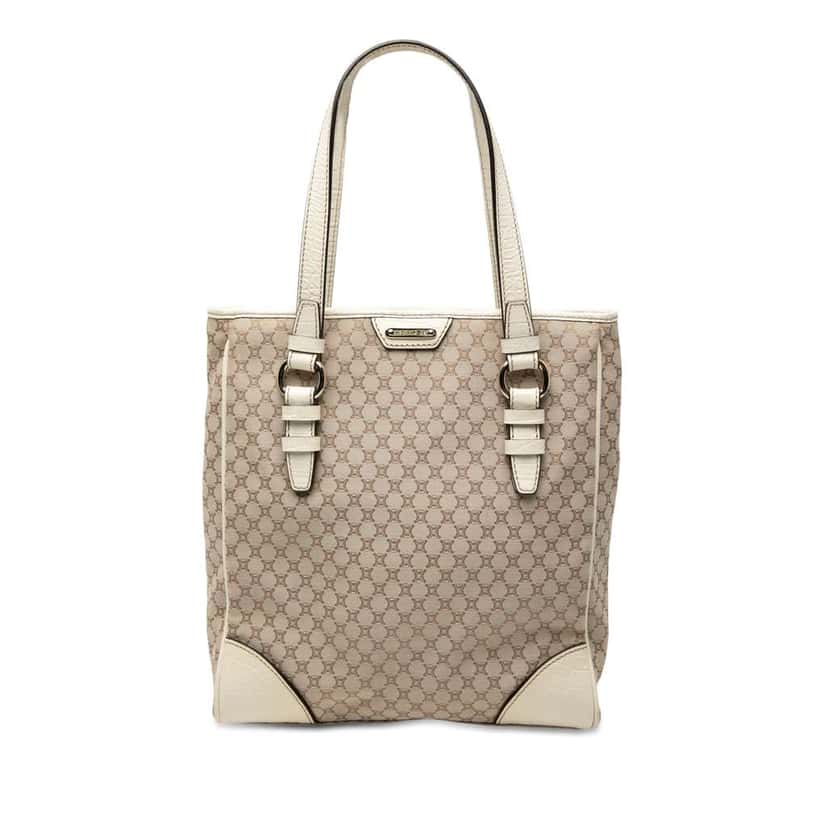 Celine Croc Embossed Leather Trimmed Macadam Canvas Tote Brown Canvas Very good condition - Front View
