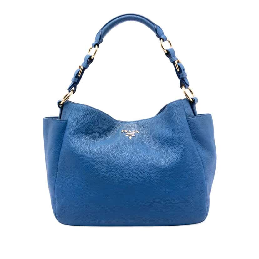 Prada Vitello Daino Side Pocket Shoulder Bag Blue Leather Good condition - Front View