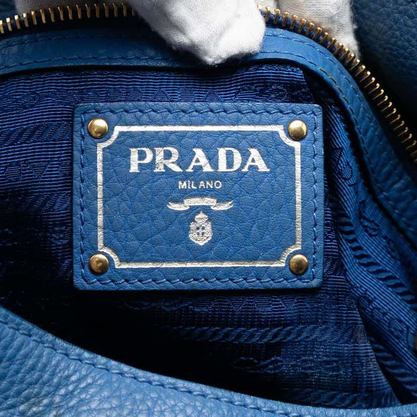 Prada Vitello Daino Side Pocket Shoulder Bag Blue Leather Good condition - Box View