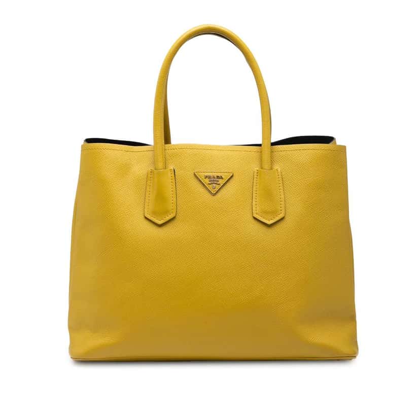 Prada Medium Saffiano Cuir Double Satchel Yellow Leather Very good condition - Front View