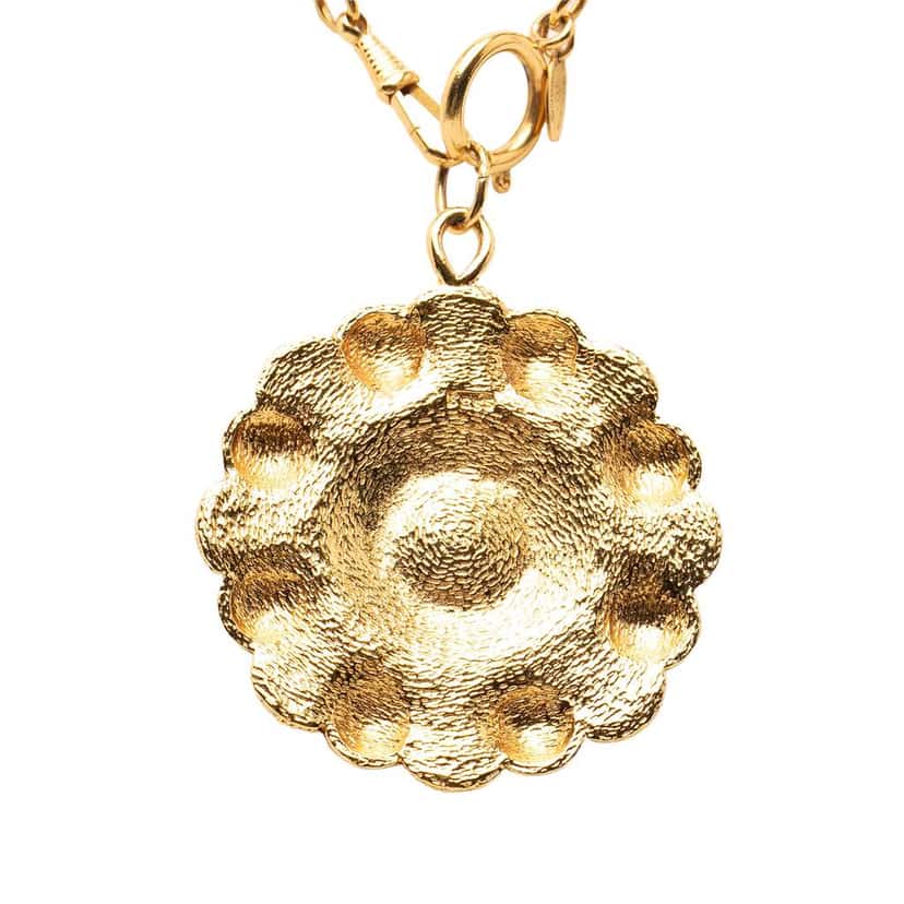 Chanel Gold Plated Faux Pearl Flower Pendant Necklace Gold Metal Very good condition - Back View