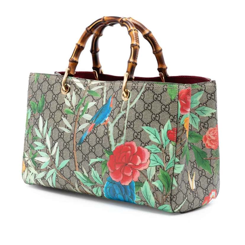 Gucci Medium GG Supreme Tian Bamboo Shopper Satchel Brown Canvas Good condition - Back View