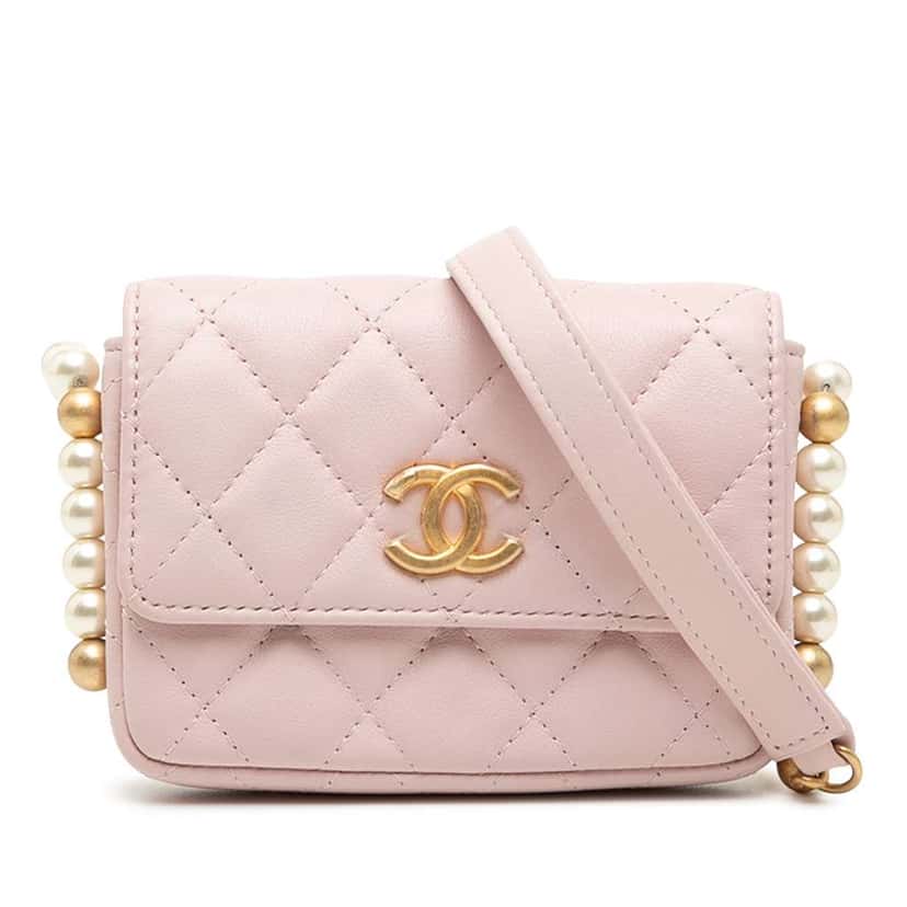Chanel Quilted Lambskin About Pearls Card Holder On Chain Pink Leather Very good condition - Front View