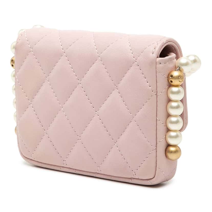 Chanel Quilted Lambskin About Pearls Card Holder On Chain Pink Leather Very good condition - Back View