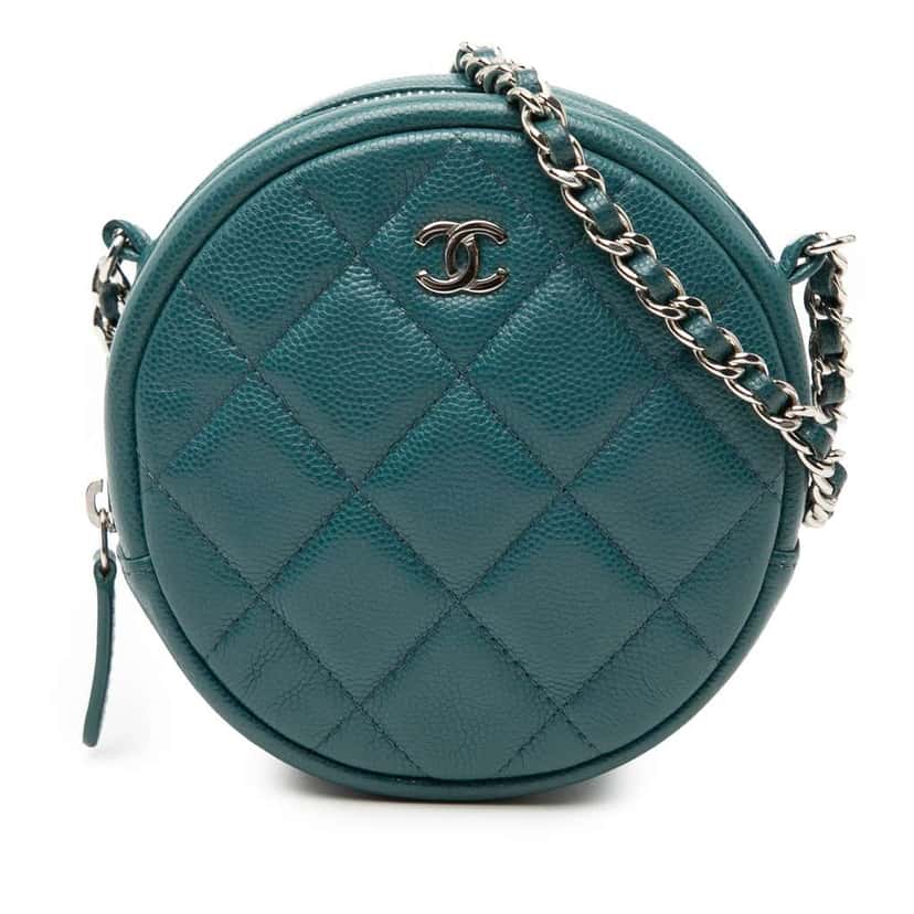 Chanel CC Quilted Caviar Round Clutch With Chain Blue Leather Very good condition - Front View