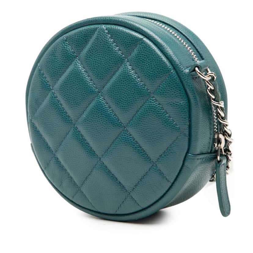 Chanel CC Quilted Caviar Round Clutch With Chain Blue Leather Very good condition - Back View