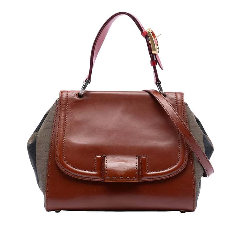 Fendi Leather and Pequin Canvas Silvana Satchel Brown Leather Very good condition - Front View