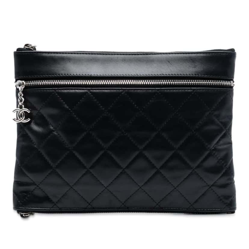 Chanel CC Quilted Lambskin Multi Zip Clutch Black Leather Very good condition - Front View