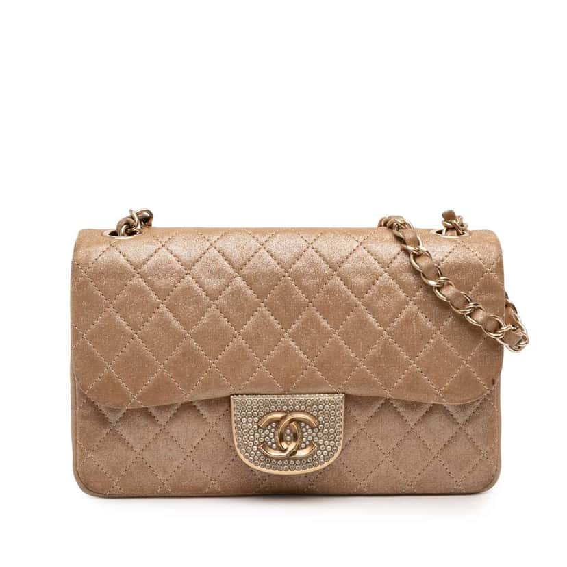 Chanel Small Quilted Iridescent Lambskin Pearl CC Crystal Flap Gold Leather Very good condition - Front View