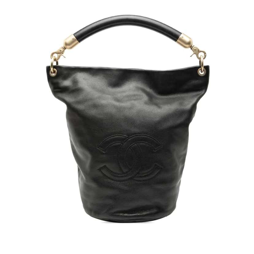 Chanel CC Lambskin Bucket Bag Black Leather Very good condition - Front View