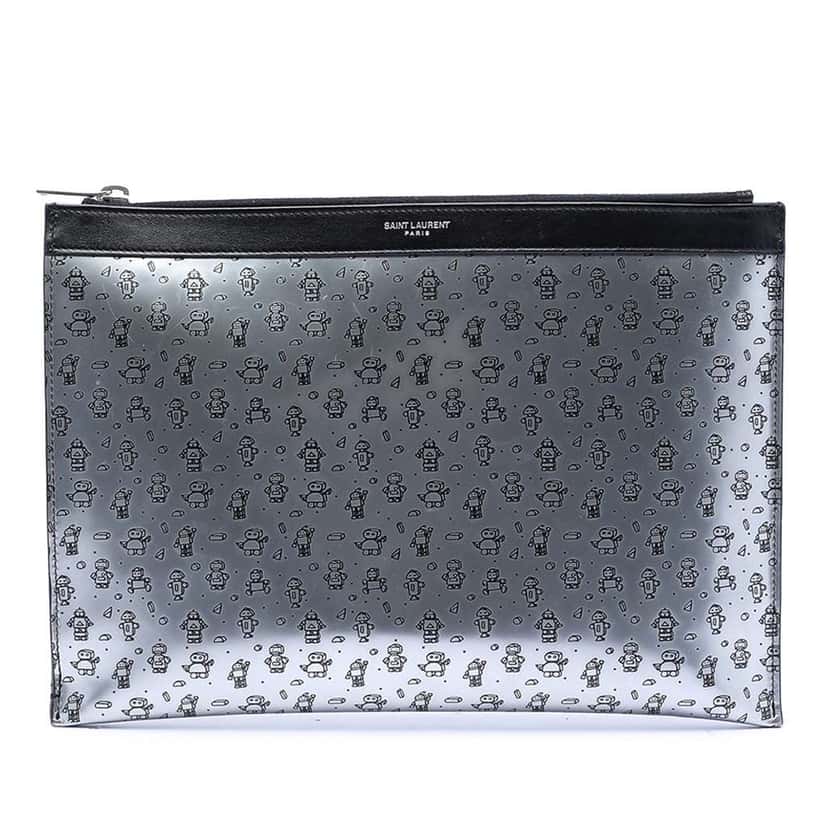 Saint Laurent Metallic Calfskin Robot Zipped Tablet Pouch Silver Leather Very good condition - Front View