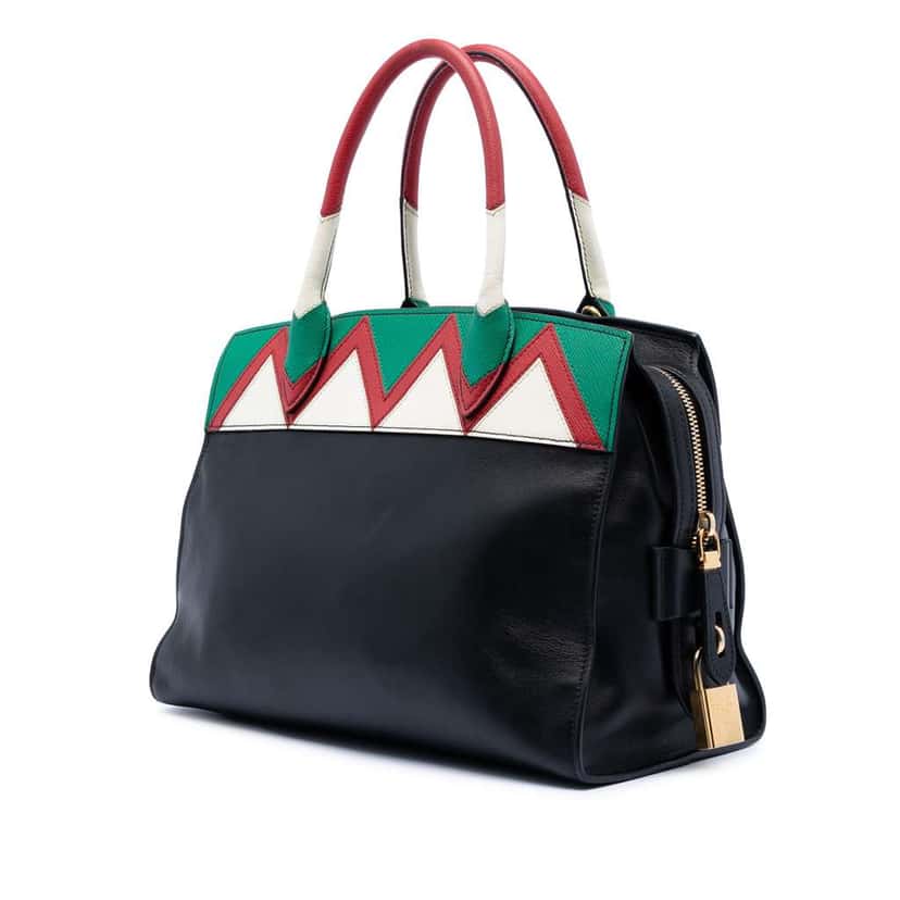 Prada Medium Saffiano Trimmed City Calf Greca Esplanade Satchel Black Leather Very good condition - Back View