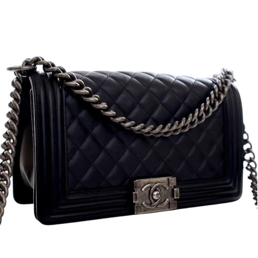 Chanel Old Medium Quilted Lambskin Boy Flap Black Leather Good condition - Back View