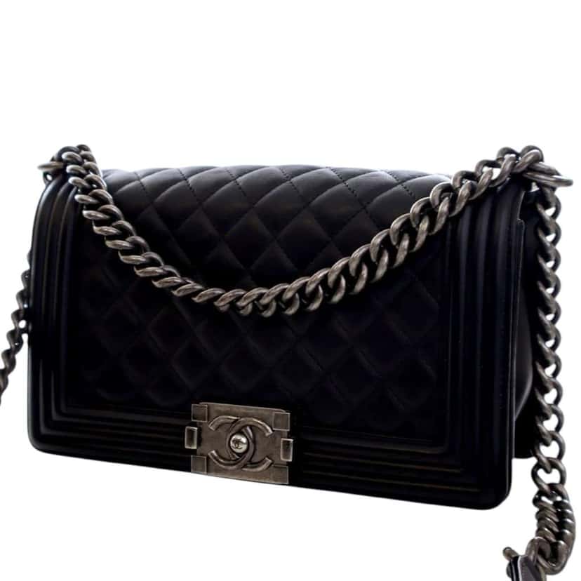 Chanel Old Medium Quilted Lambskin Boy Flap Black Leather Good condition - Inside View