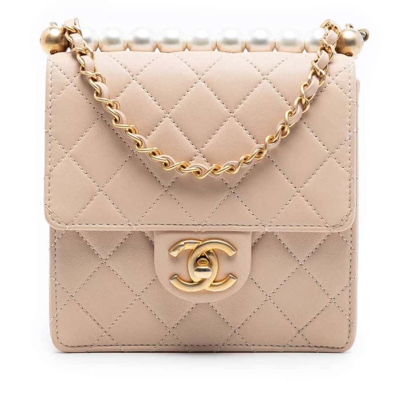 Chanel Small Quilted Lambskin Chic Pearls Flap Brown Leather Very good condition - Front View