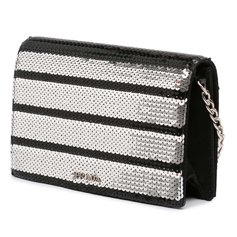 Prada Sequin Embellished Baia Chain Flap Silver Satin Very good condition - Back View