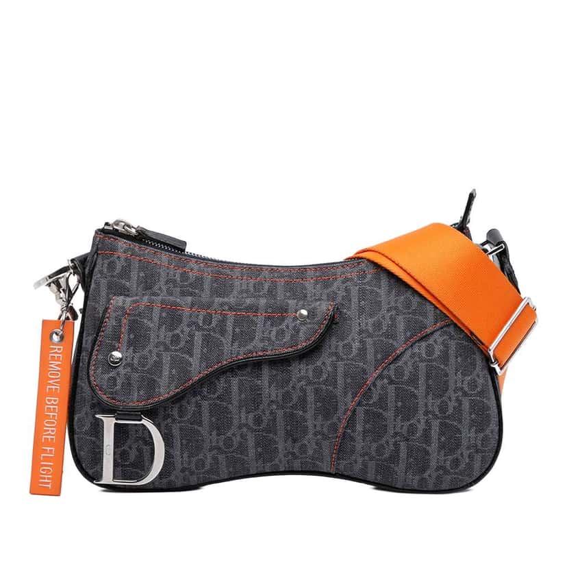 Dior Oblique Denim Flight Double Saddle Crossbody Blue Canvas Very good condition - Front View