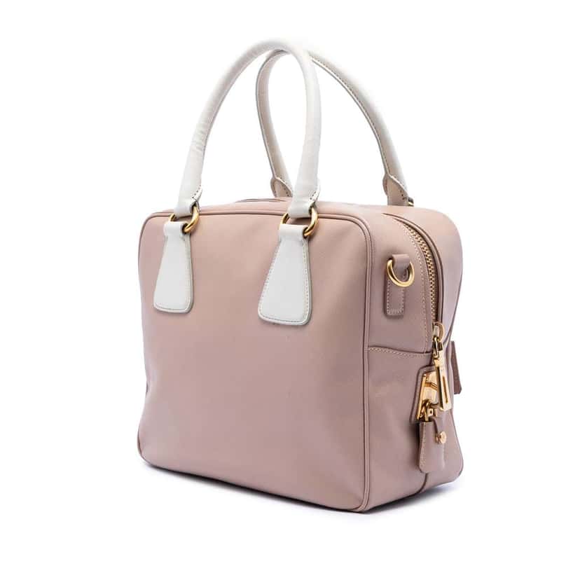 Prada Small Bicolor Saffiano Square Bauletto Satchel Pink Leather Very good condition - Back View