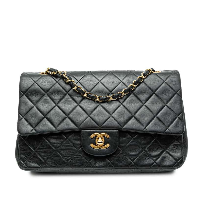 Chanel Medium Classic Lambskin Double Flap Black Leather Very good condition - Front View