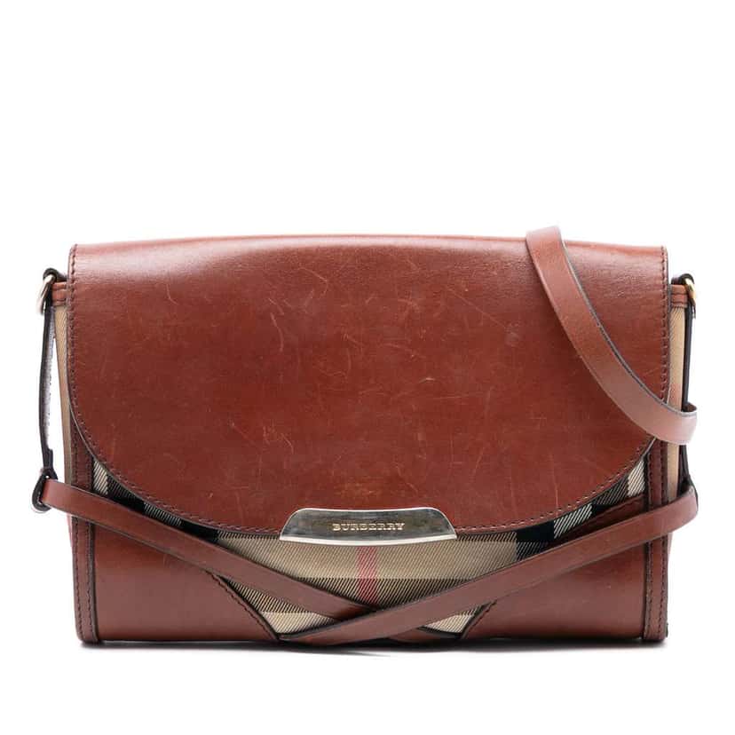 Burberry Leather and House Check Canvas Bridle Abbott Crossbody Brown Leather Very good condition - Front View