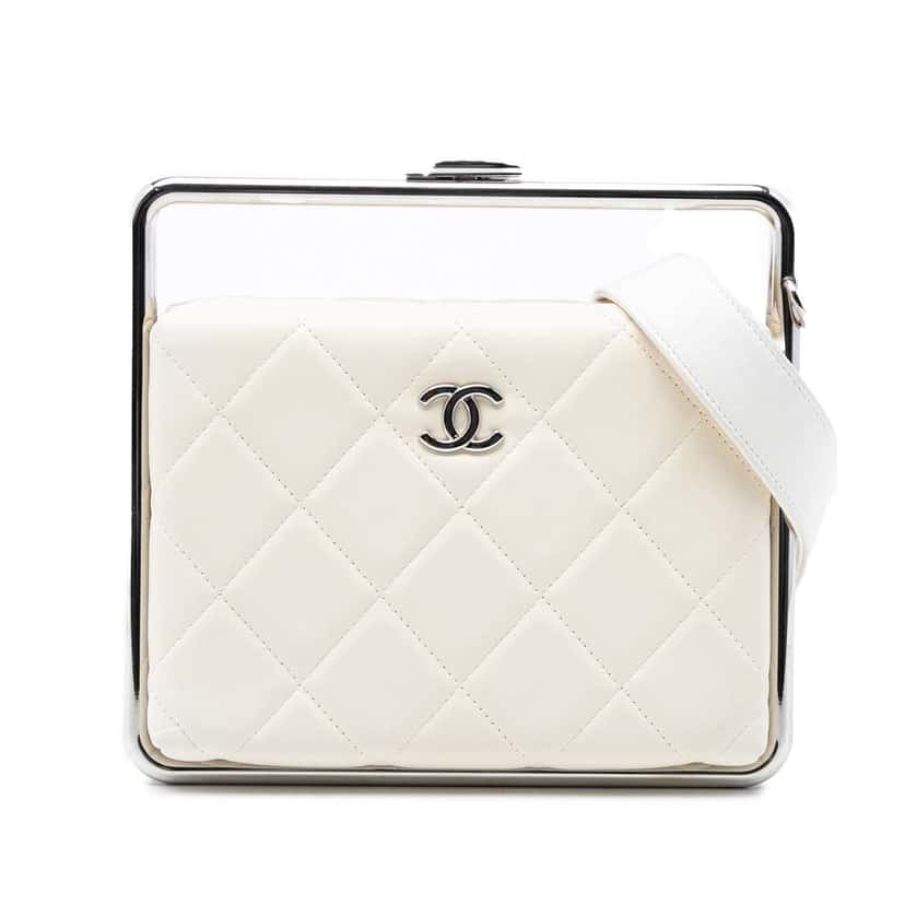 Chanel Quilted Lambskin Metal Bar Convertible Clutch White Leather Very good condition - Front View