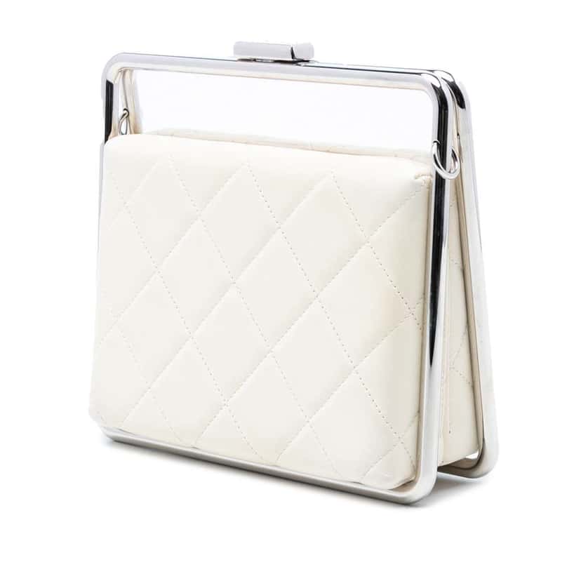Chanel Quilted Lambskin Metal Bar Convertible Clutch White Leather Very good condition - Back View