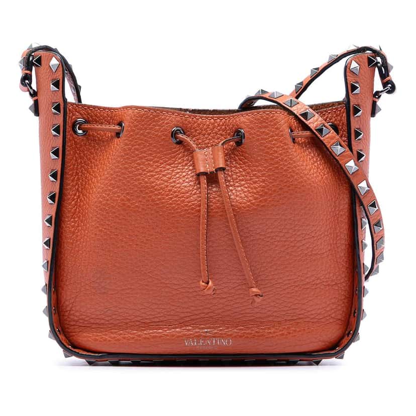 Valentino Grained Calfskin Rockstud Bucket Bag Brown Leather Very good condition - Front View