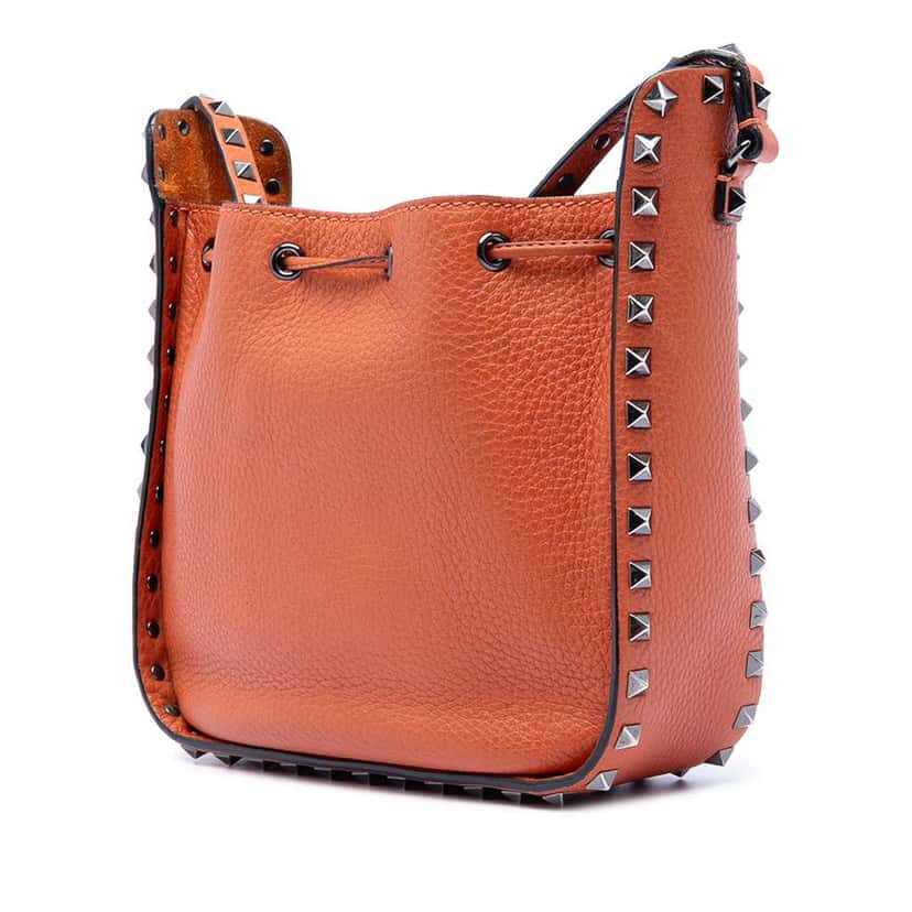 Valentino Grained Calfskin Rockstud Bucket Bag Brown Leather Very good condition - Back View