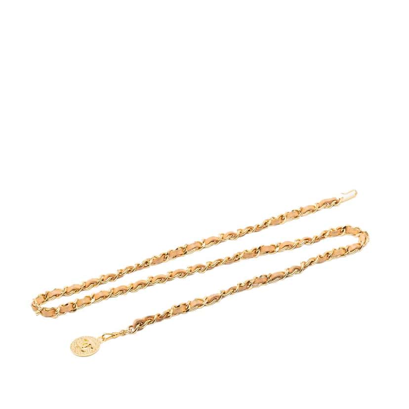 Chanel Gold Plated Leather Woven Medallion Chain Belt Gold Metal Very good condition - Front View