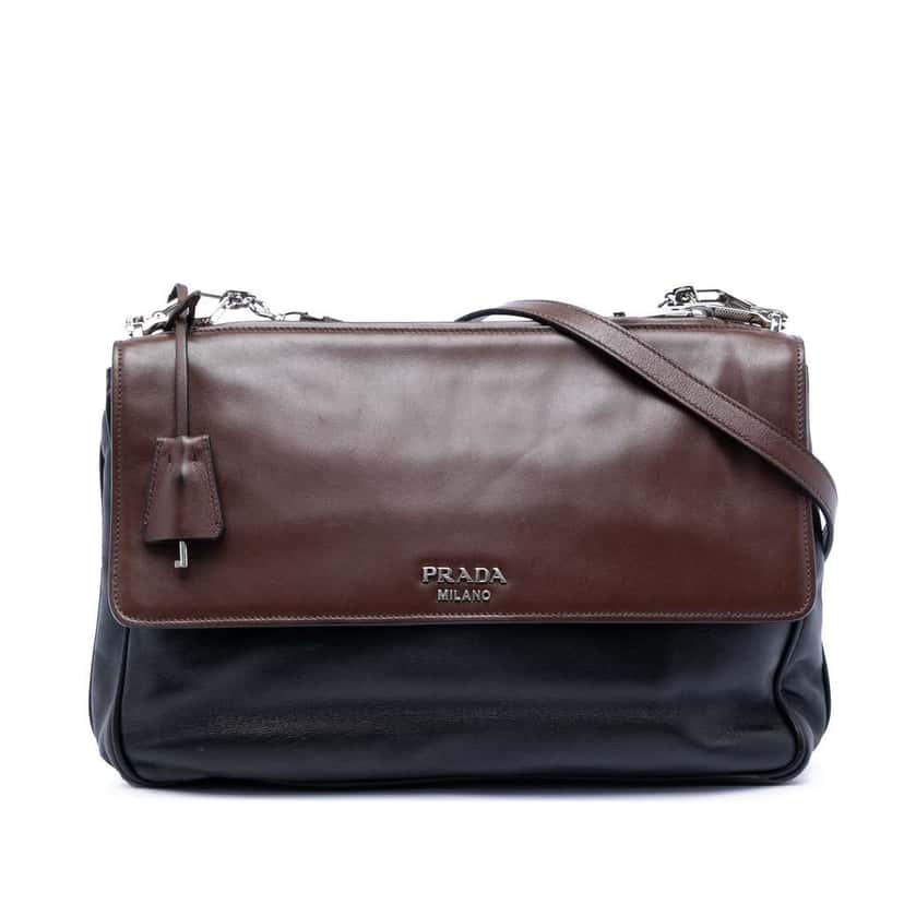 Prada Soft Calfskin Double Sided Flap Messenger Bag Black Leather Very good condition - Front View