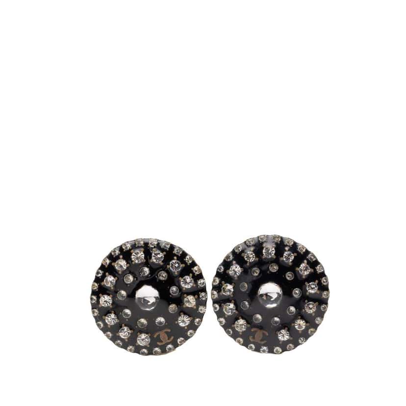 Chanel CC Resin and Crystal Round Clip On Earrings Black Very good condition - Front View