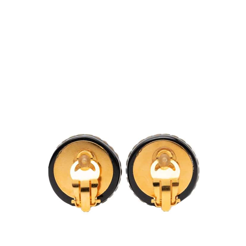 Chanel CC Resin and Crystal Round Clip On Earrings Black Very good condition - Back View